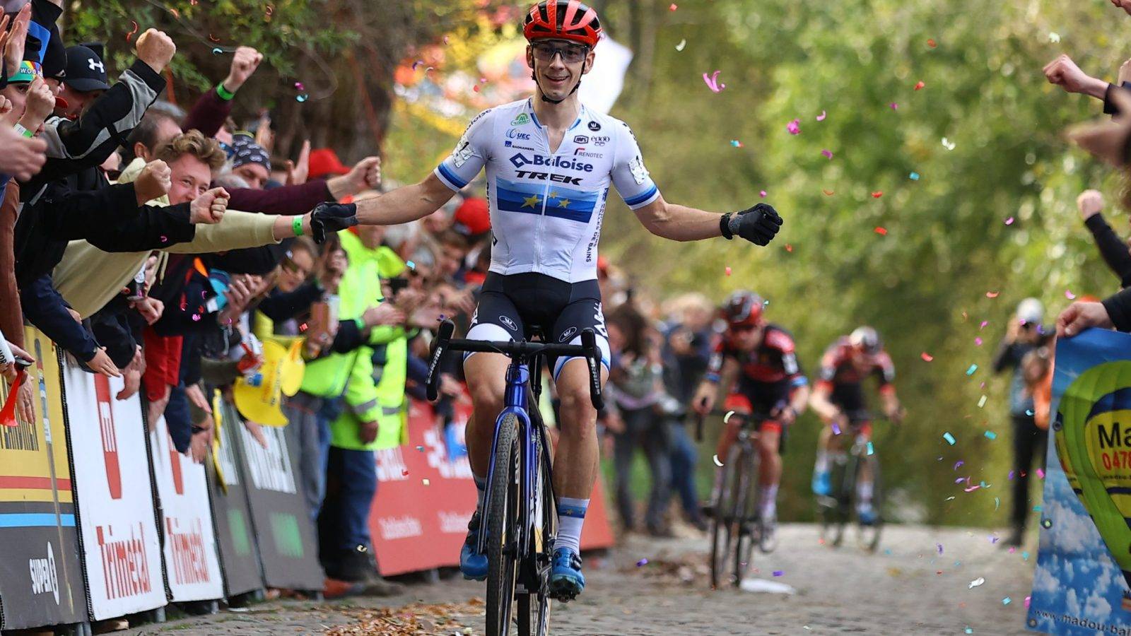 Dutch Lars Van Der Haar celebrates as he crosses the finish line to win the men's race during the Koppenbergcross, the first race (out of eight) of the X2O Badkamers trophy, in Melden, on Tuesday 01 November 2022. BELGA PHOTO DAVID PINTENS