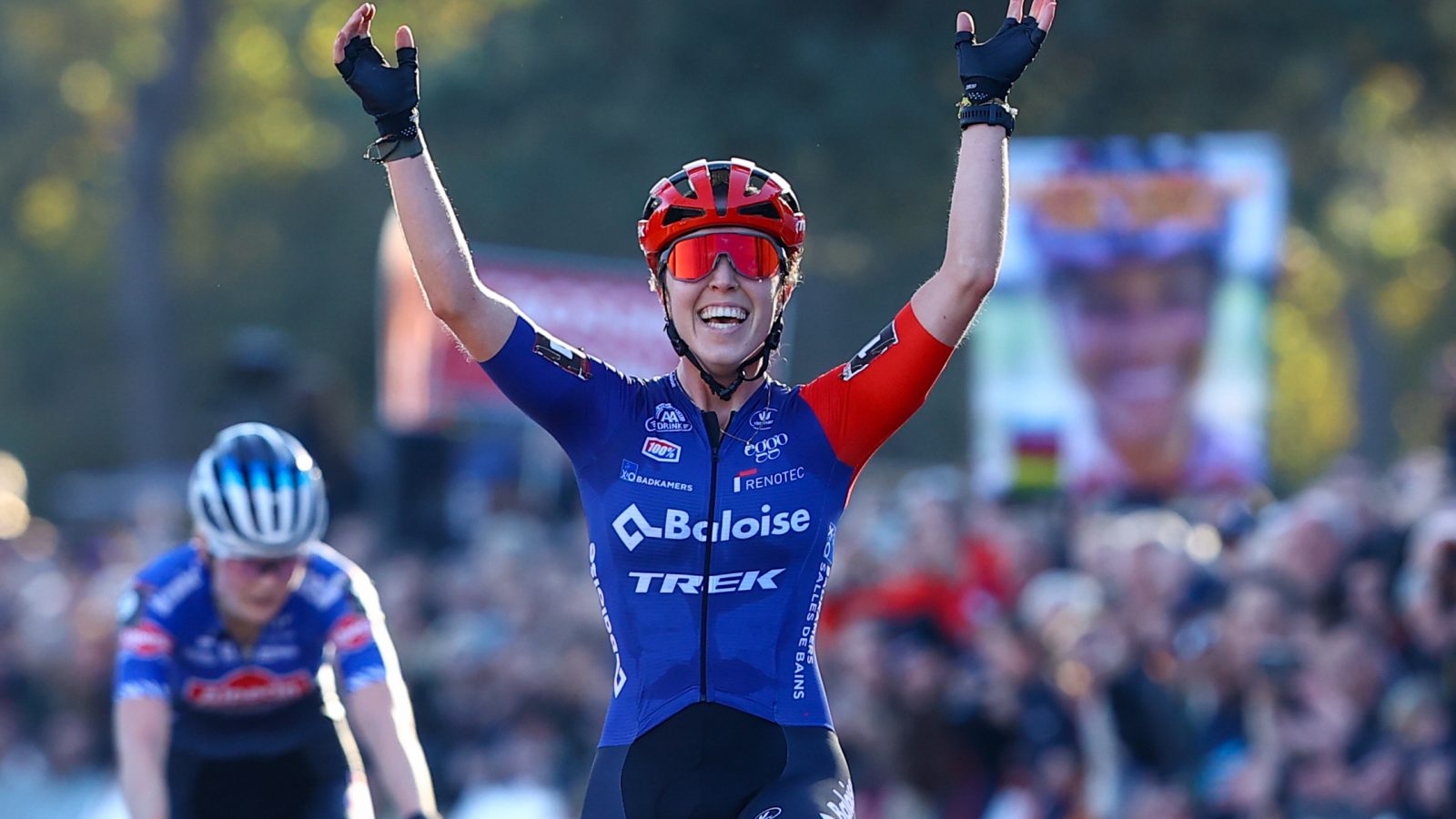 Dutch Shirin van Anrooij celebrates as she crosses the finish line to win the women elite race at the UCI Cyclocross World Cup cyclocross event in Beekse Bergen, The Netherlands, Sunday 13 November 2022, the fifth (out of 14) stages in the World Cup trophy in the 2022-2023 season. BELGA PHOTO DAVID PINTENS