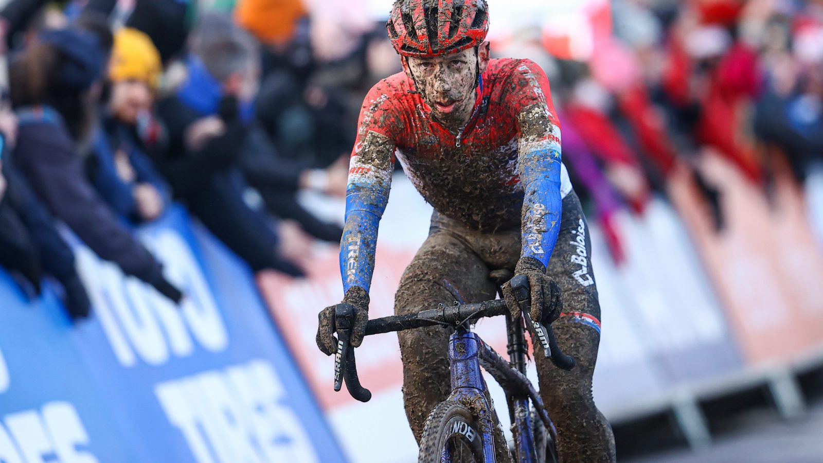 Dutch Lars Van Der Haar crosses the finish line of the men's elite race of the World Cup cyclocross cycling event in Dublin, Ireland, stage 9 (out of 14) of the UCI World Cup cyclocross competition, Sunday 11 December 2022. BELGA PHOTO DAVID PINTENS