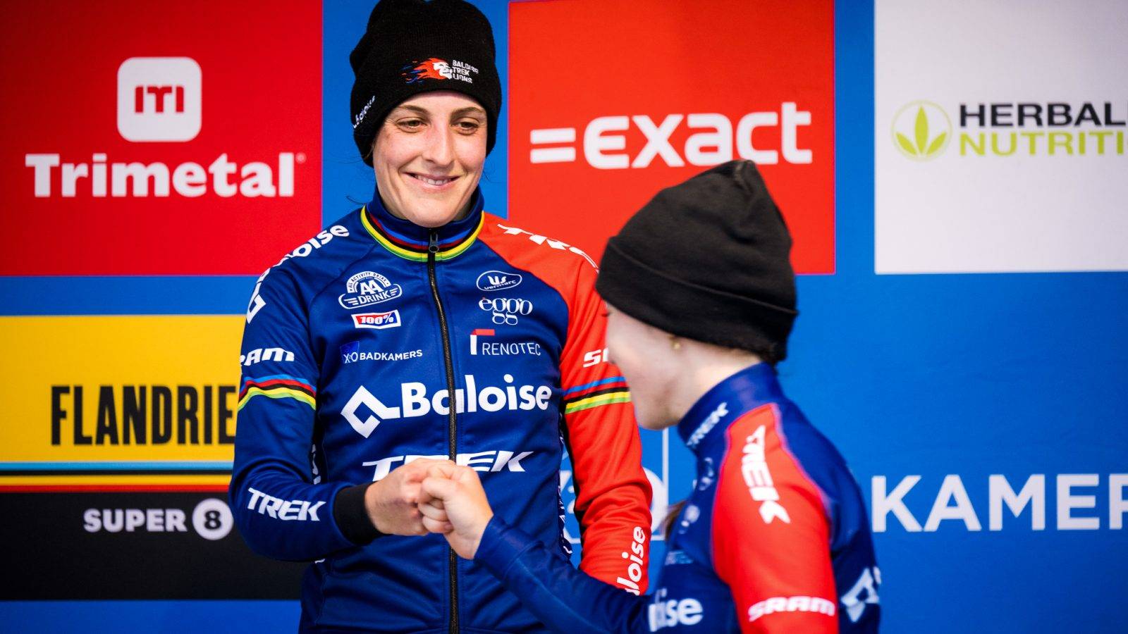 Dutch Lucinda Brand and Dutch Shirin van Anrooij pictured on the podium after the women's elite race at the Duinencross cyclocross cycling event on Thursday 05 January 2023 in Koksijde, the fifth stage in the X2O Badkamers 'Trofee Veldrijden' competition. BELGA PHOTO JASPER JACOBS
